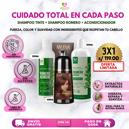TRÍO CAPILAR COMPLETO ( SHAMPOO TINTE + SHAMPOO ROMERO + ACONDICIONADOR ROMERO)