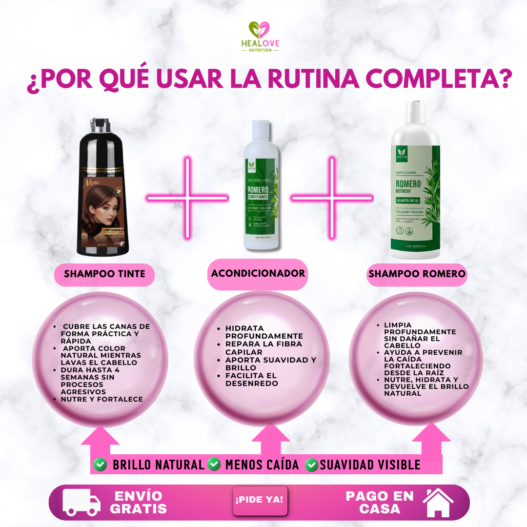 TRÍO CAPILAR COMPLETO ( SHAMPOO TINTE + SHAMPOO ROMERO + ACONDICIONADOR ROMERO)