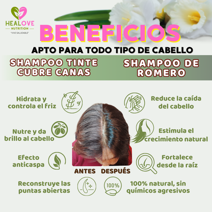 PACK 2 X 1 (SHAMPOO TINTE CUBRE CANAS 400ML + SHAMPOO ROMERO 500ML)